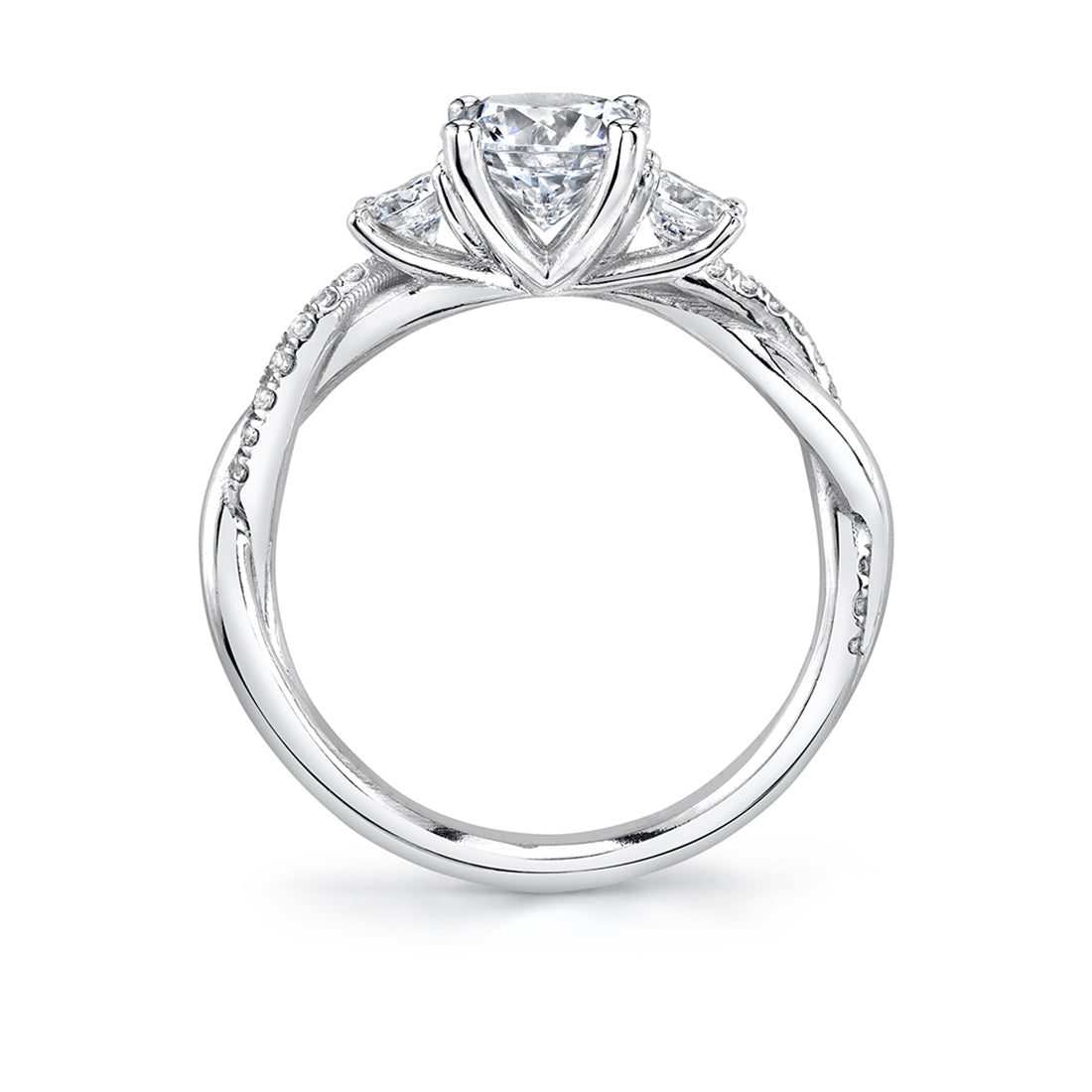 Round Cut Three Stone Spiral Engagement Ring - Evangeline