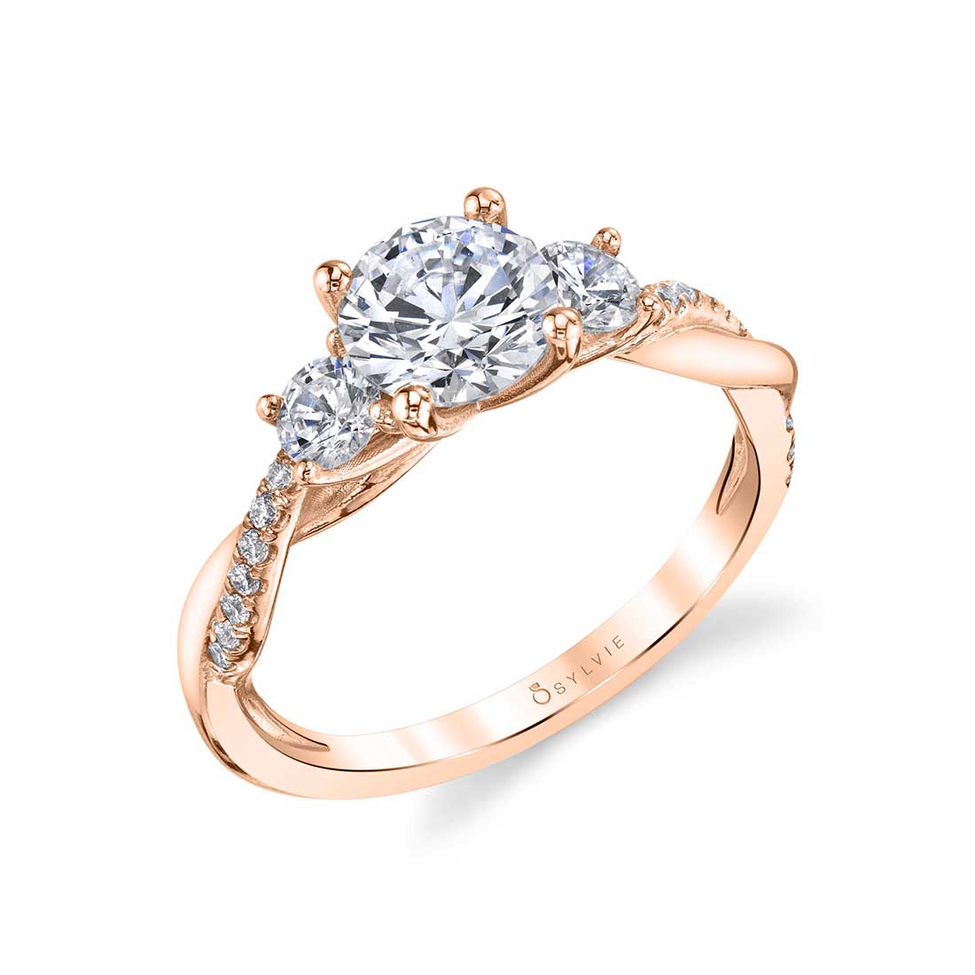 Round Cut Three Stone Spiral Engagement Ring - Evangeline