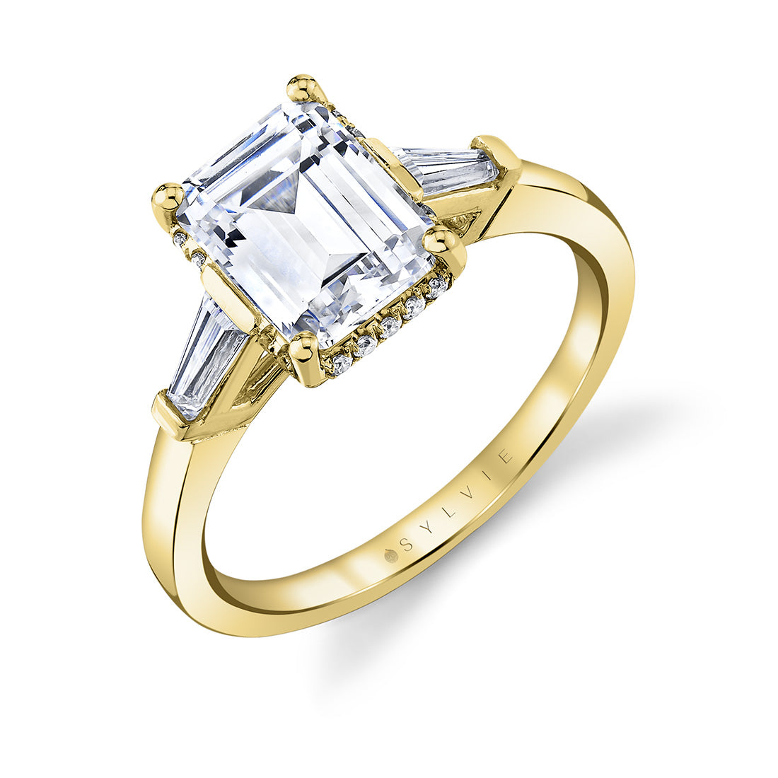 Emerald Cut Three Stone Hidden Halo Engagement Ring - Karrigan