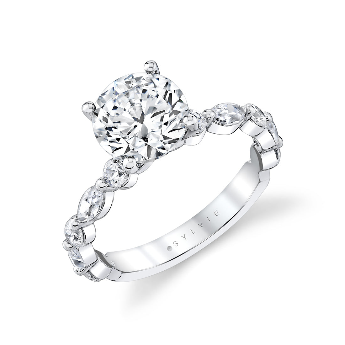 Round Cut Alternating Round and Marquise Diamond Engagement Ring - Cressida