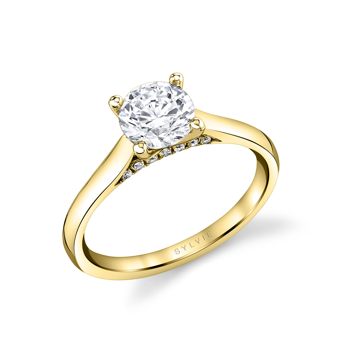 Diamond Bridge Accent Round Cut Solitaire Engagement Ring - Leslie
