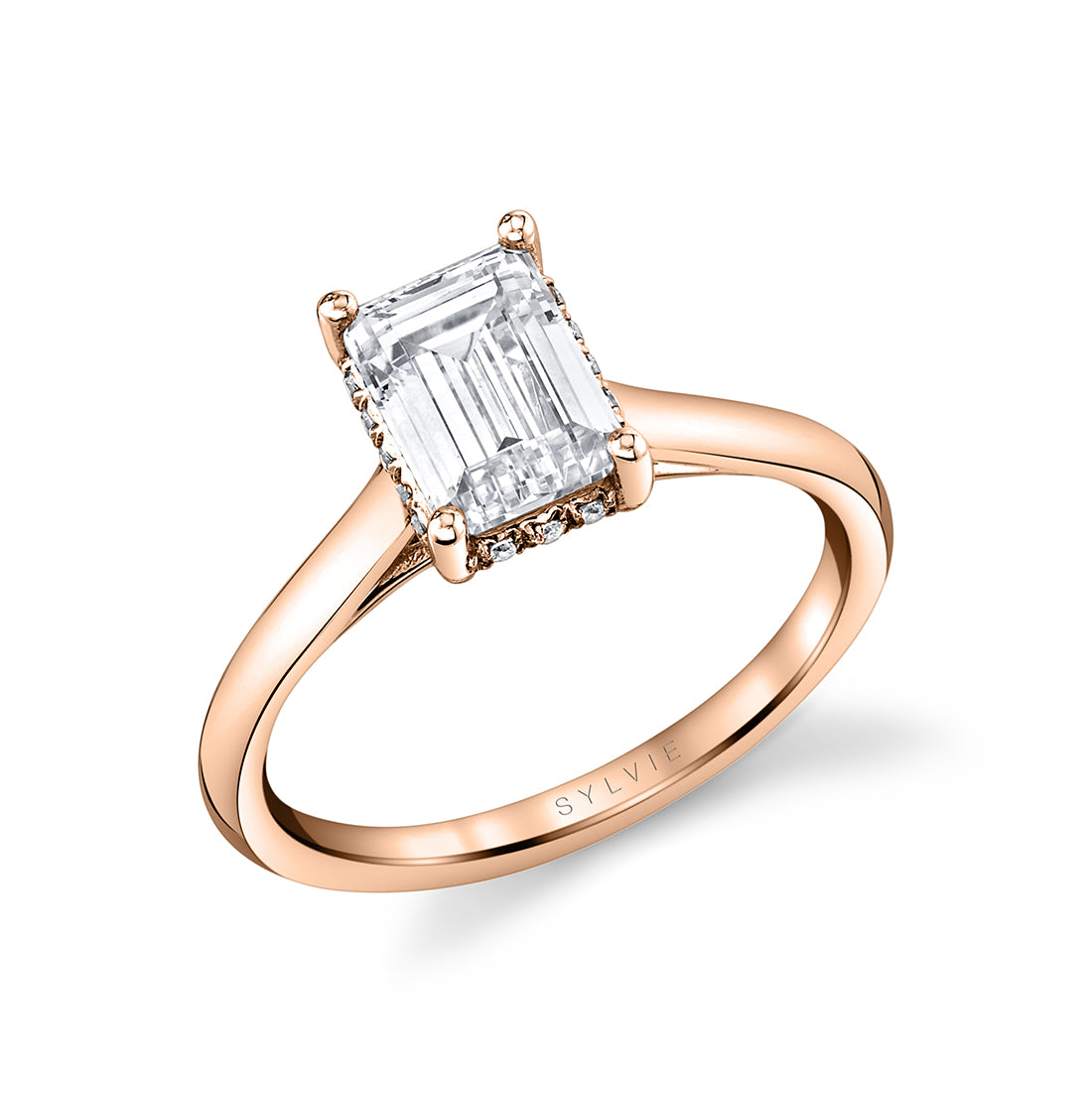 Emerald Cut Solitaire Hidden Halo Engagement Ring - Elliott