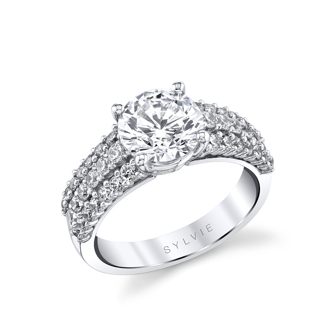 Round Cut Three Row Diamond Band Engagement Ring - Abby