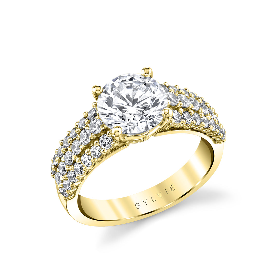 Round Cut Three Row Diamond Band Engagement Ring - Abby