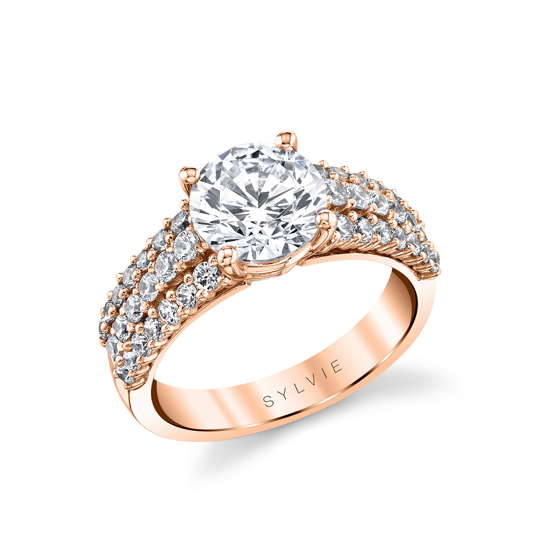 Round Cut Three Row Diamond Band Engagement Ring - Abby