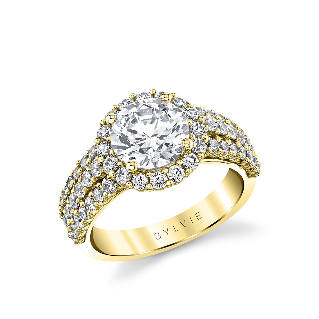 Cambrie - 3-Row Diamond Band Round Cut Halo Engagement Ring
