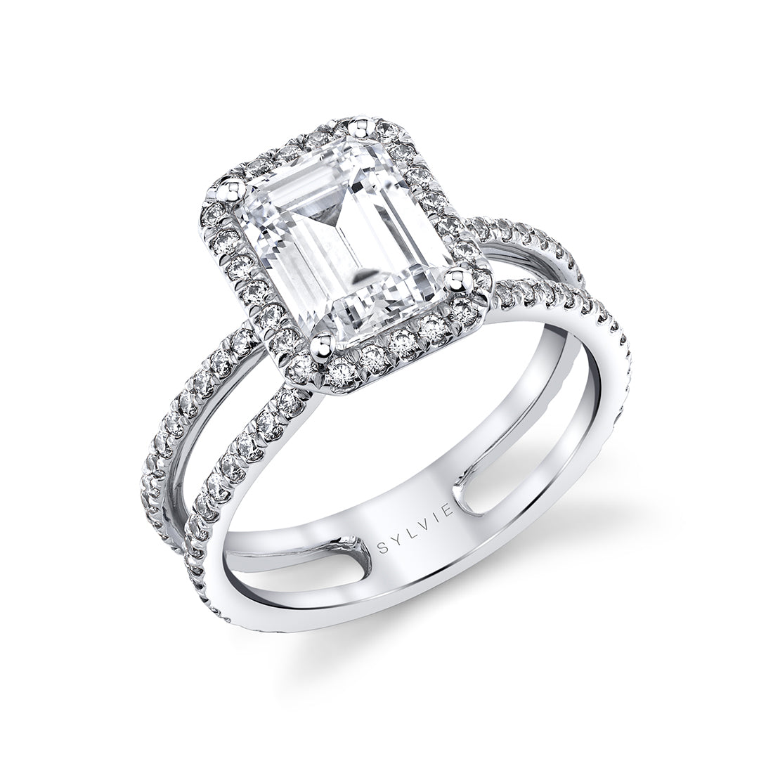 Split Shank Emerald Cut Halo Engagement Ring - Dana