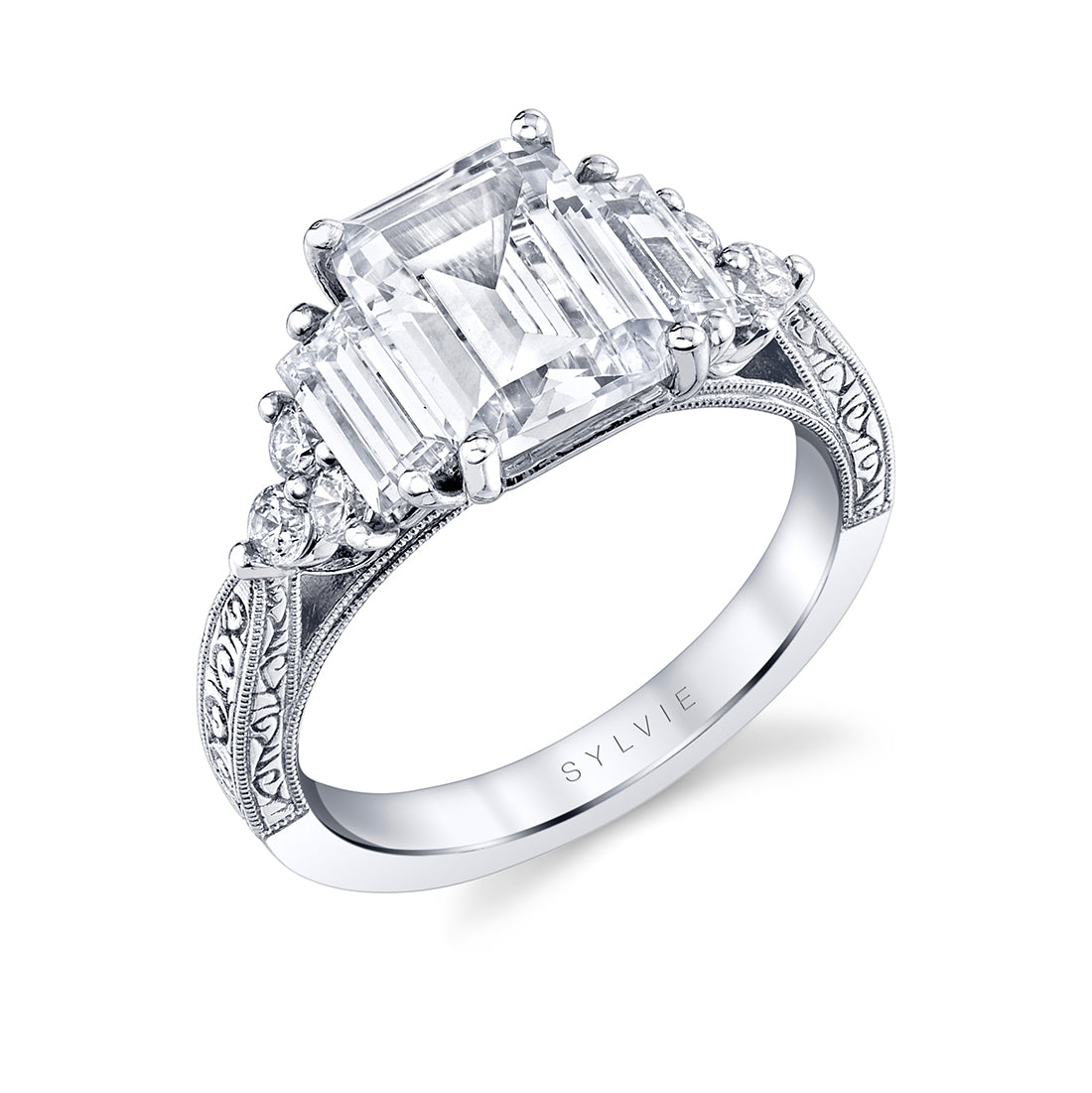 Emerald Cut Three Stone Modern Vintage Engagement Ring - Alexa
