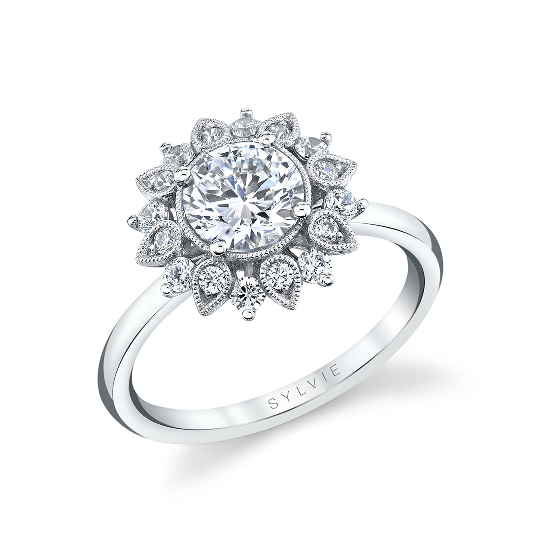 Tulira Solitaire Engagement Ring With Milgrain Floral Halo - Carissa
