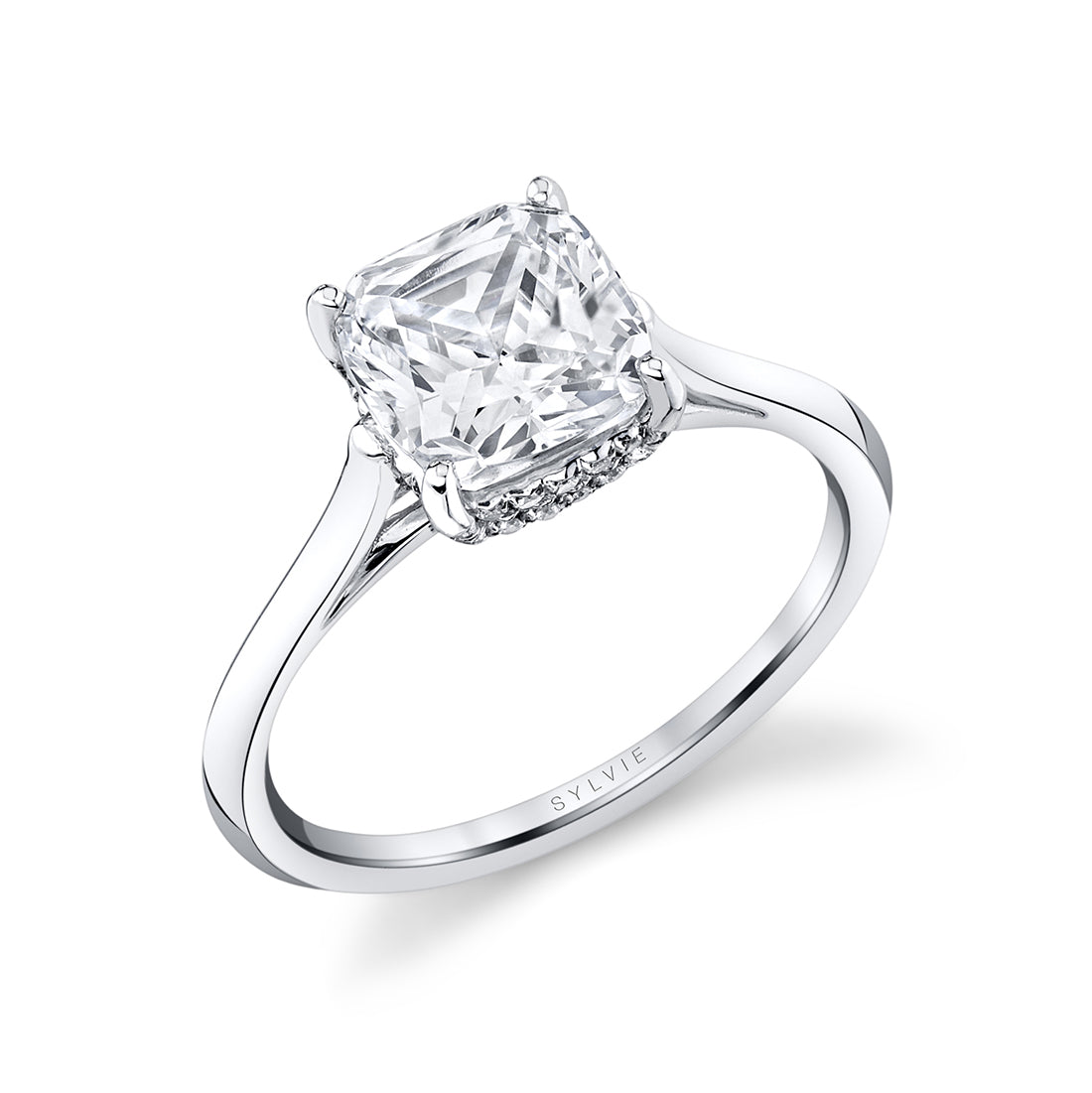 Cushion Cut Solitaire Engagement Ring with Hidden Halo - Carter
