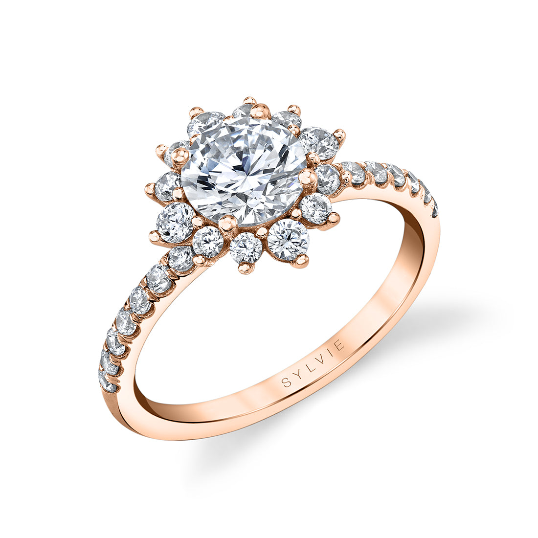 Round Cut Floral Halo Engagement Ring - Angela