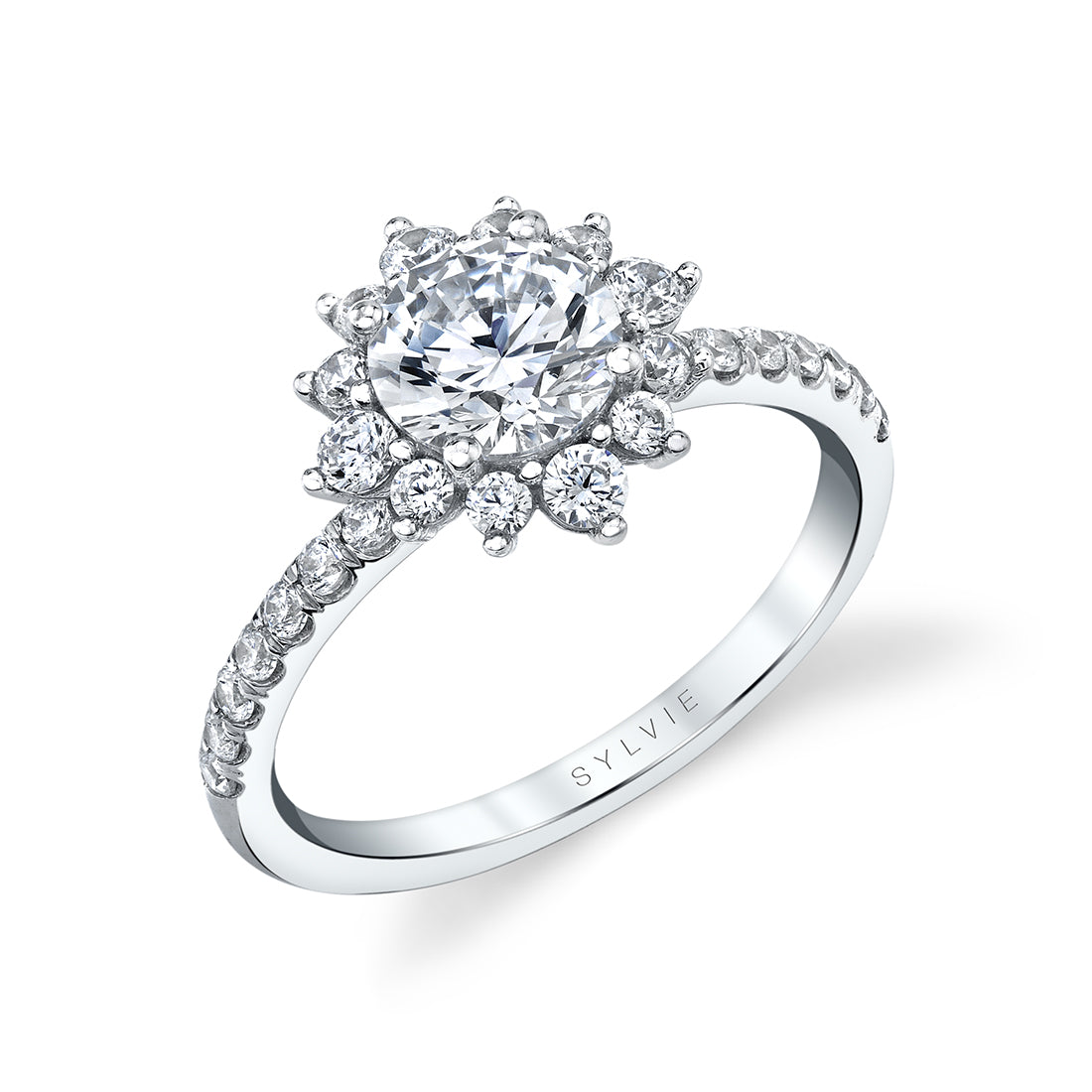 Round Cut Floral Halo Engagement Ring - Angela