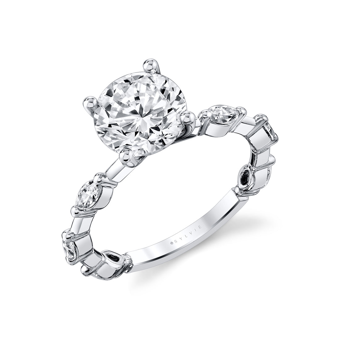 Round Cut Spaced Marquise Diamond Engagement Ring - Eszter