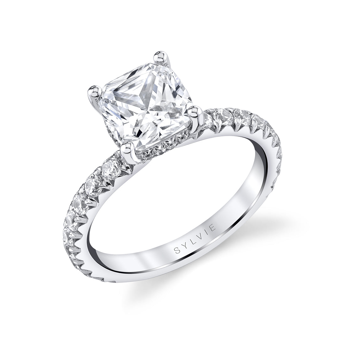 Cushion Cut Classic Engagement Ring with Hidden Halo - Malencia