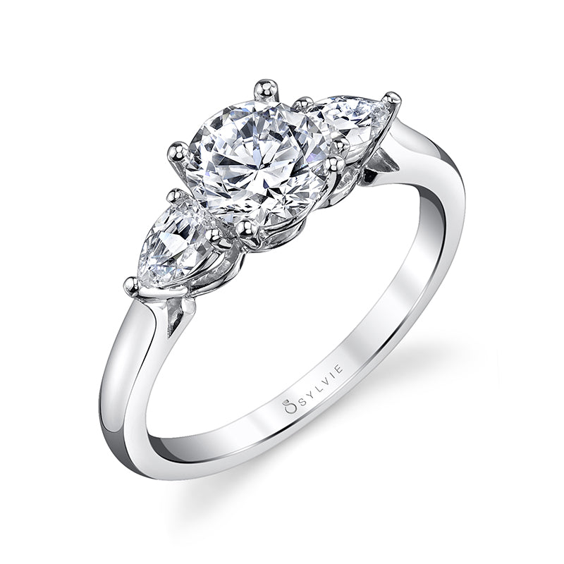 Round Cut Three Stone Engagement Ring with Trilliant Side Stones - Kaia