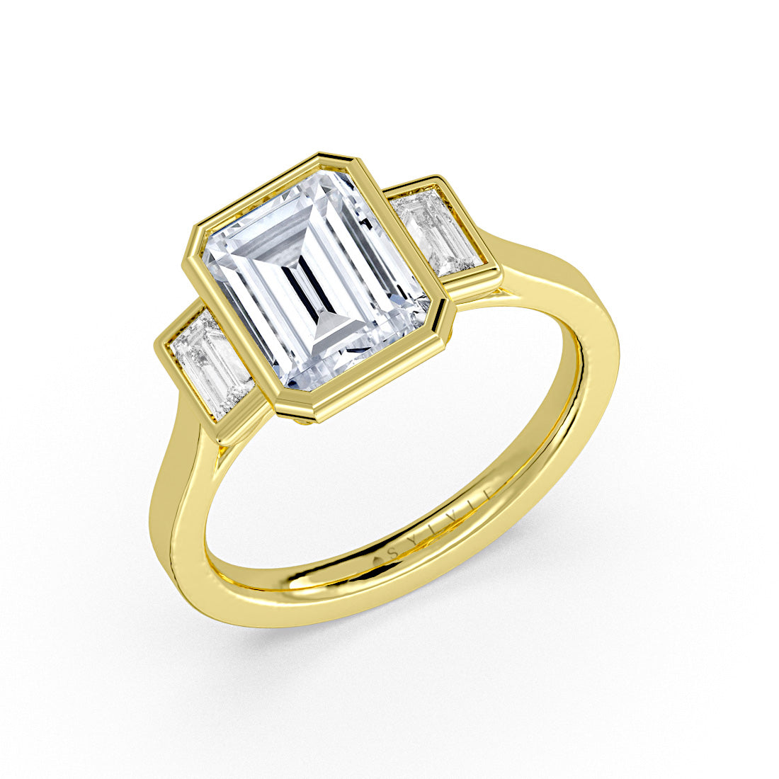 Emerald Cut Bezel Three Stone Engagement Ring - Colette