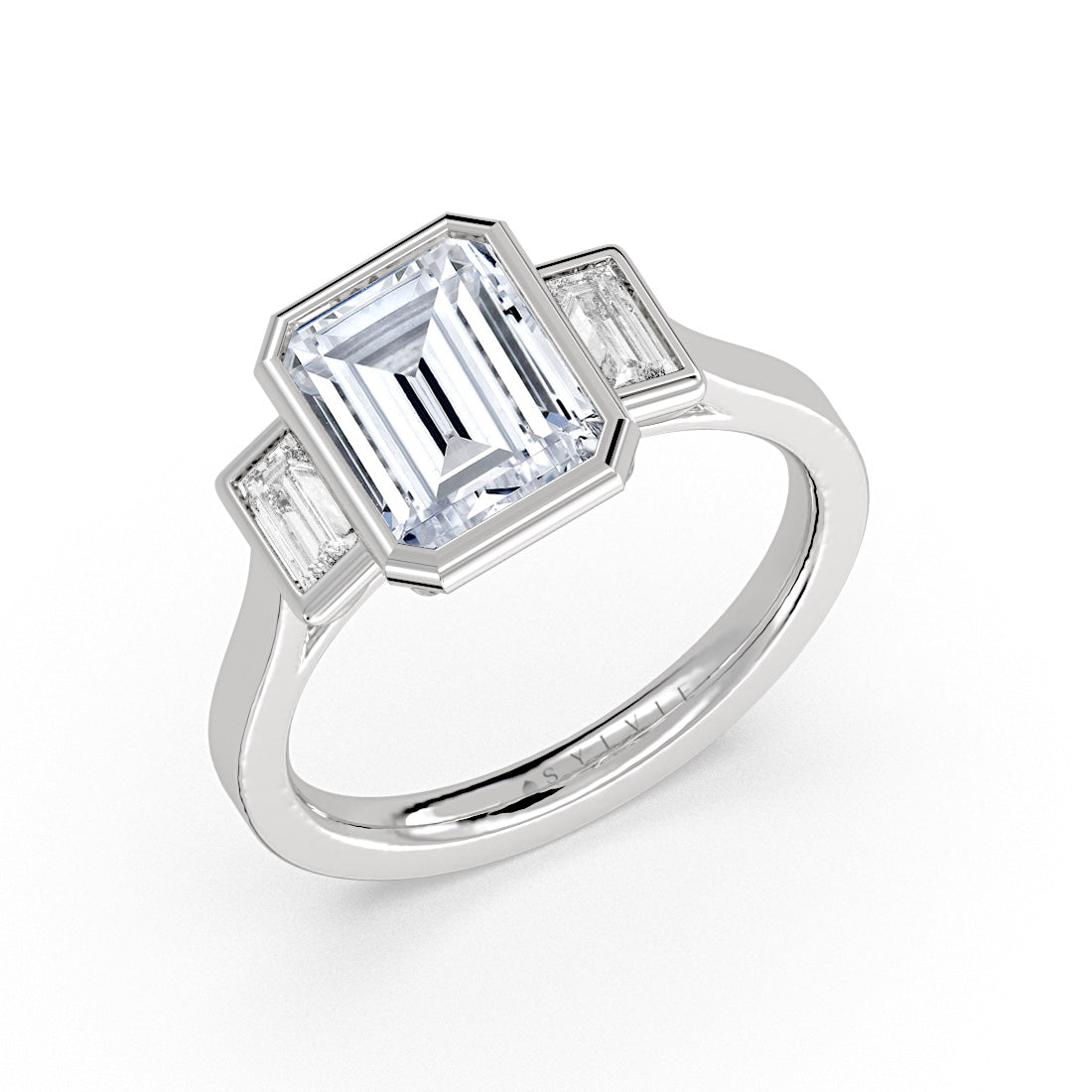 Emerald Cut Bezel Three Stone Engagement Ring - Colette