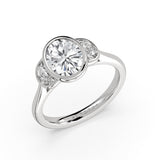 Oval Cut Bezel Three Stone Engagement Ring with Half Moon Side Stones - Ottilie