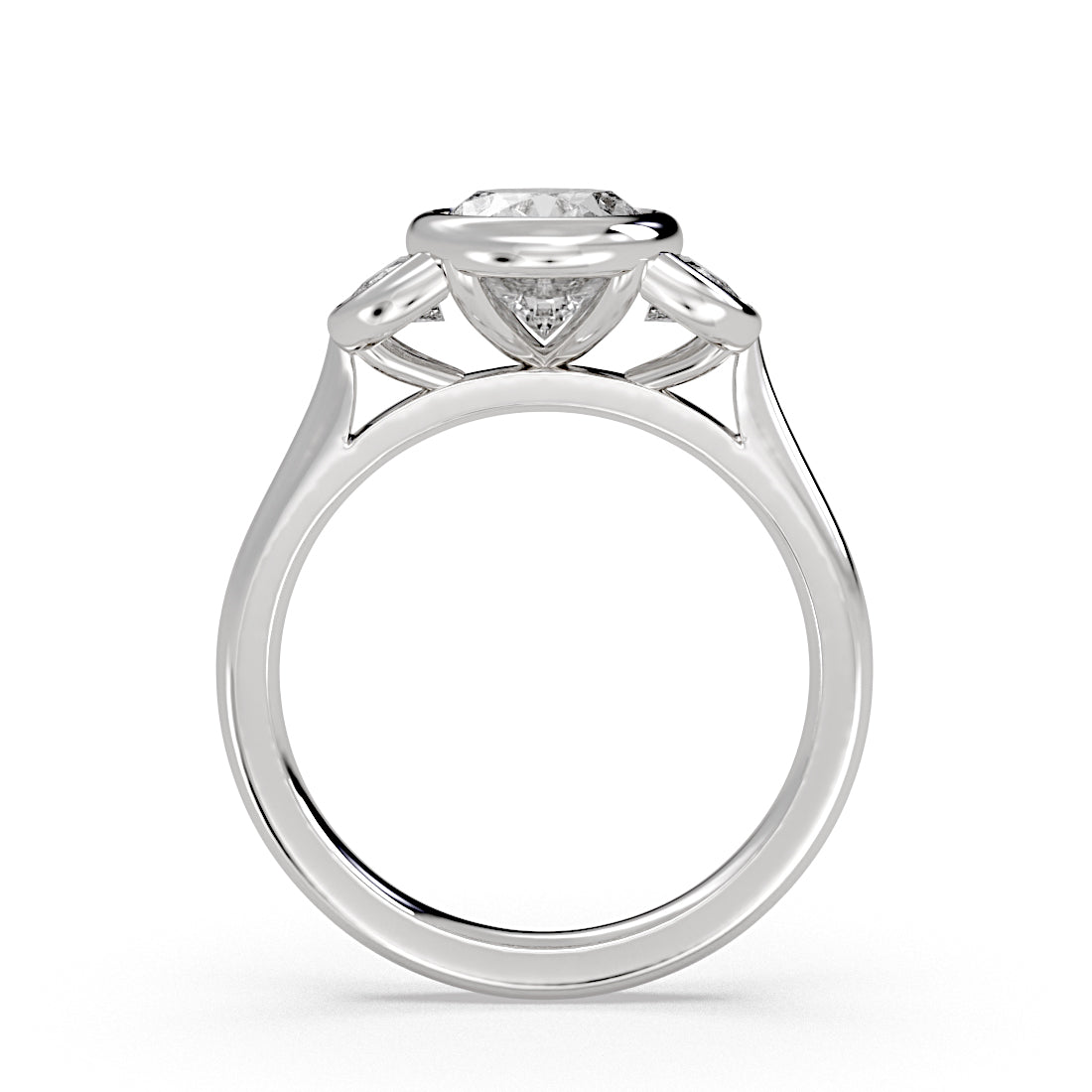 Oval Cut Bezel Three Stone Engagement Ring with Half Moon Side Stones - Ottilie
