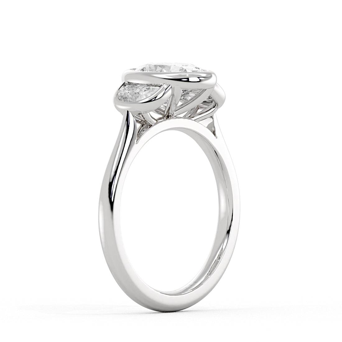 Oval Cut Bezel Three Stone Engagement Ring with Half Moon Side Stones - Ottilie