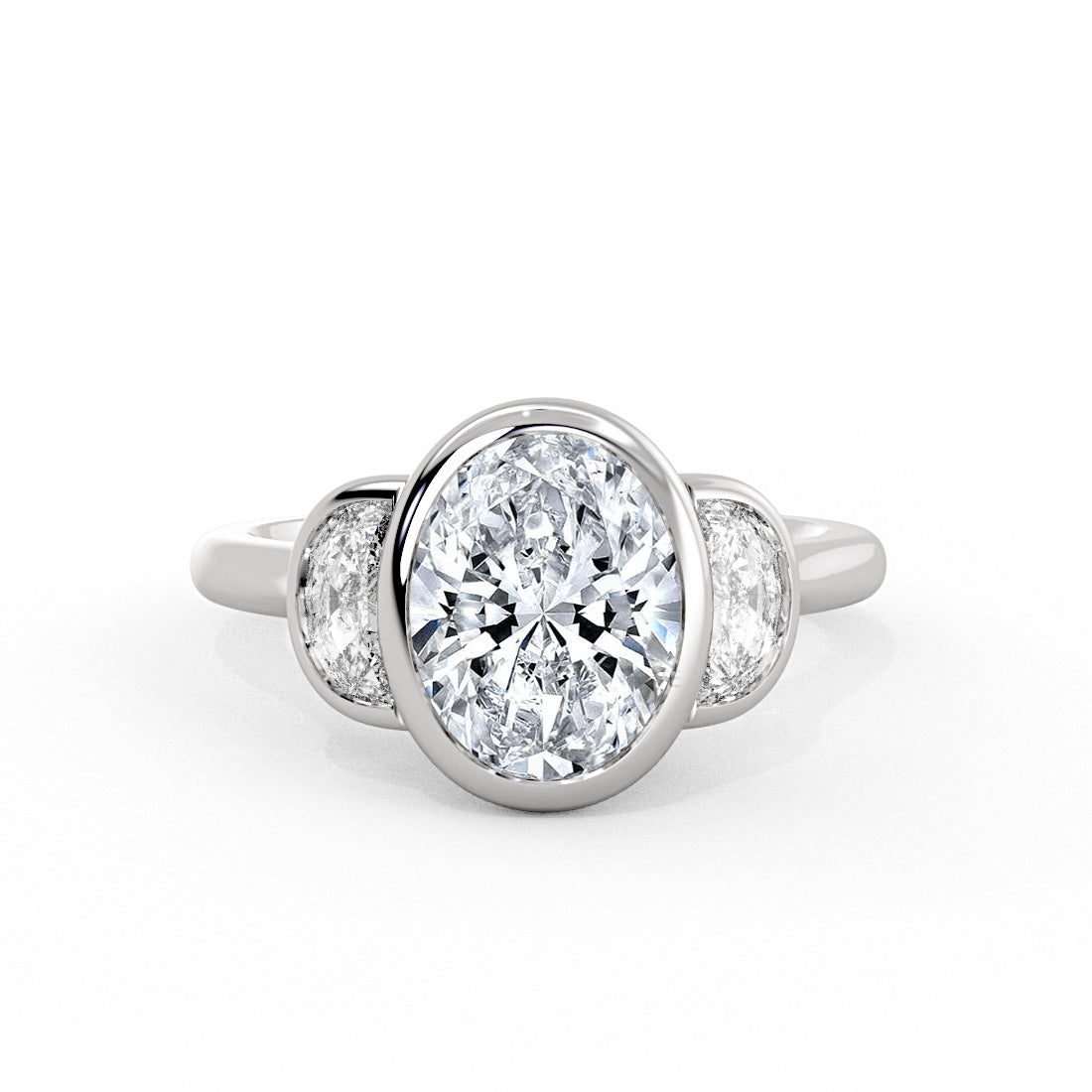 Oval Cut Bezel Three Stone Engagement Ring with Half Moon Side Stones - Ottilie