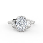 Oval Cut Bezel Three Stone Engagement Ring with Half Moon Side Stones - Ottilie