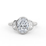 Oval Cut Bezel Three Stone Engagement Ring with Half Moon Side Stones - Ottilie