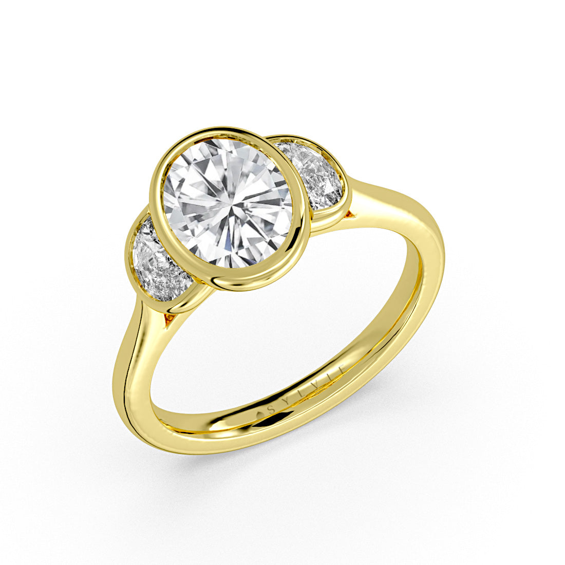 Oval Cut Bezel Three Stone Engagement Ring with Half Moon Side Stones - Ottilie