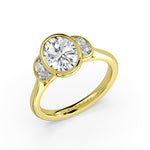 Oval Cut Bezel Three Stone Engagement Ring with Half Moon Side Stones - Ottilie
