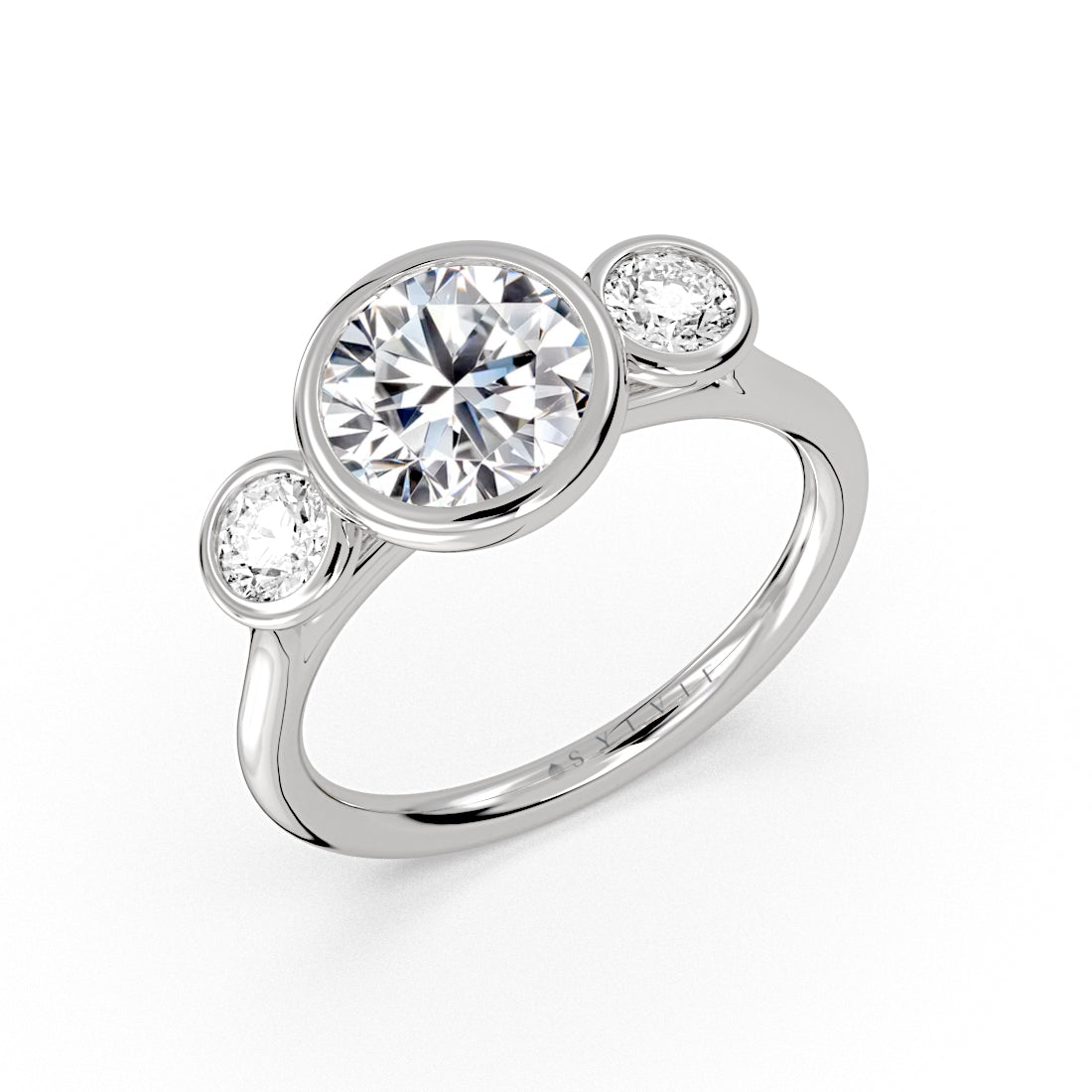 Round Cut Bezel Three Stone Engagement Ring - Goldie