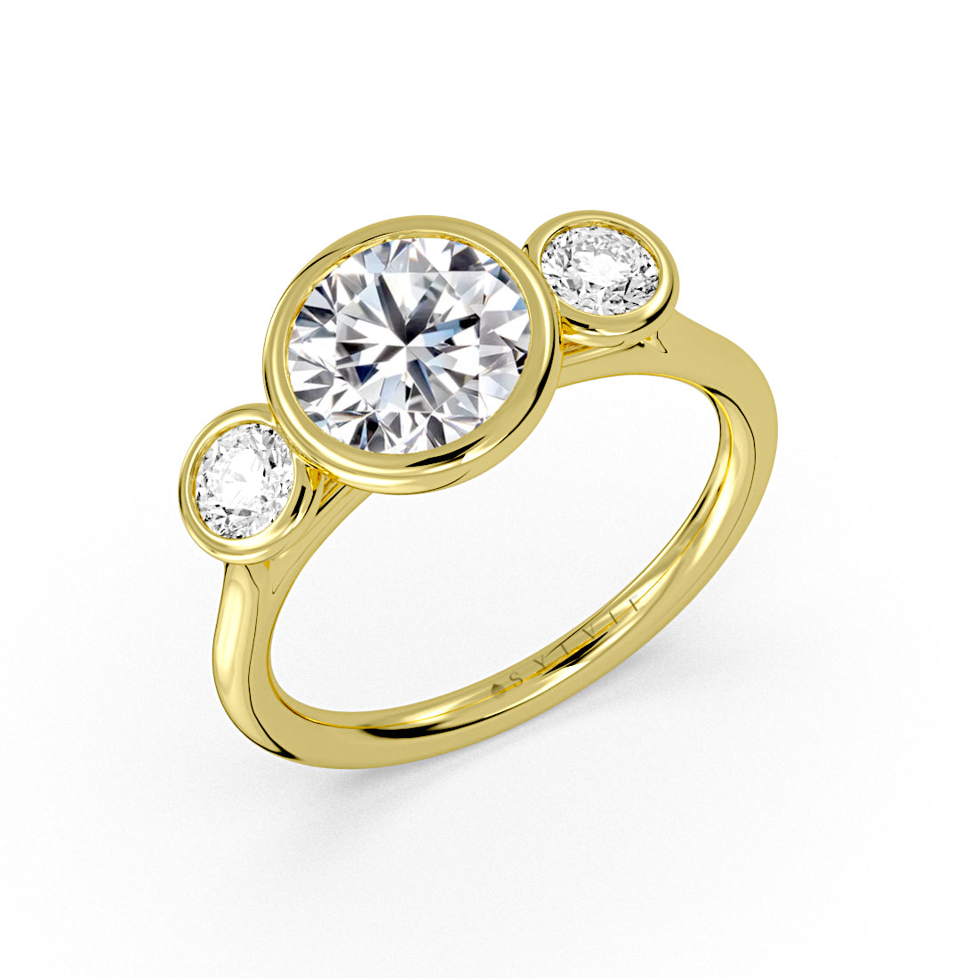 Round Cut Bezel Three Stone Engagement Ring - Goldie