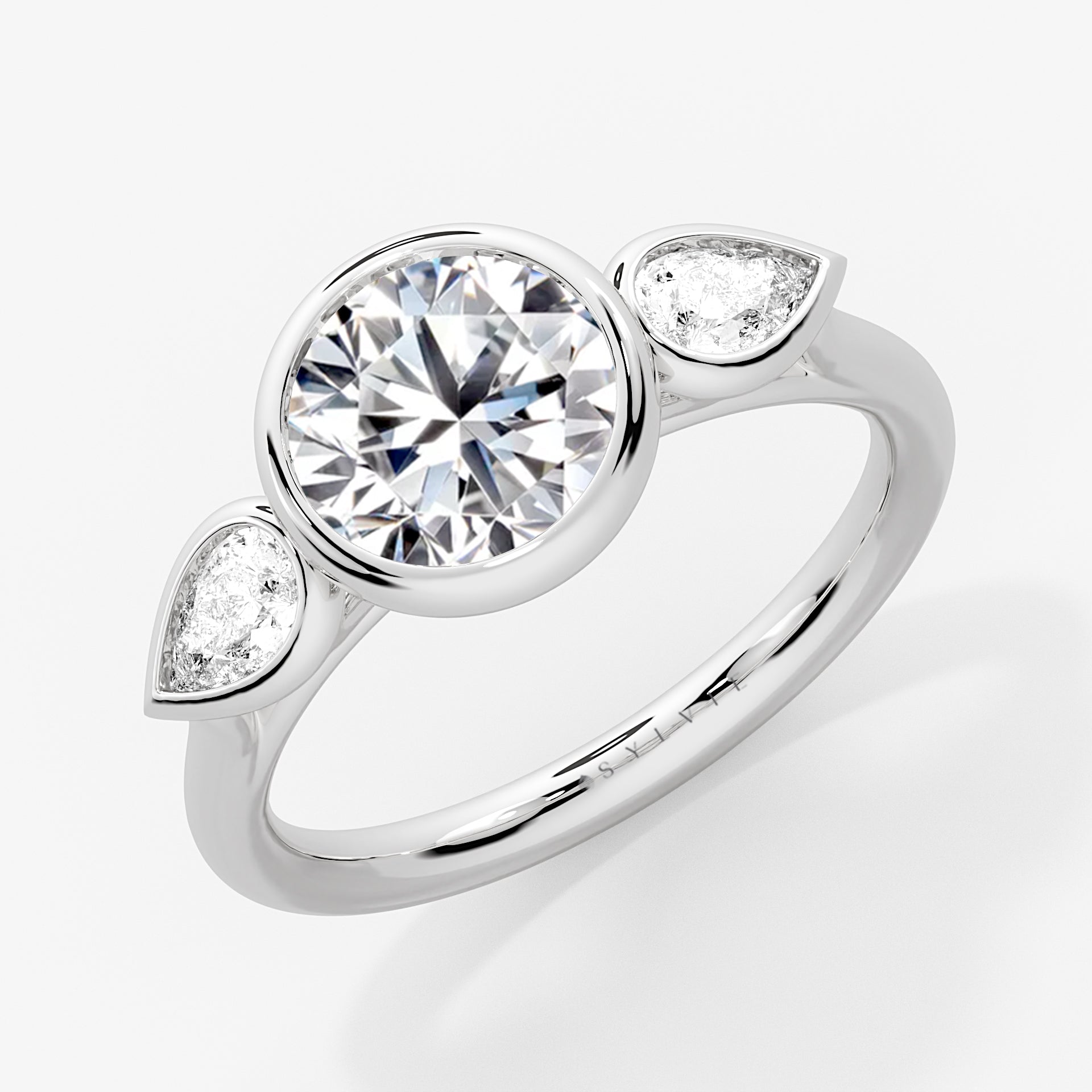 Round Cut Bezel Three Stone Engagement Ring with Pear Side Stones - Jade