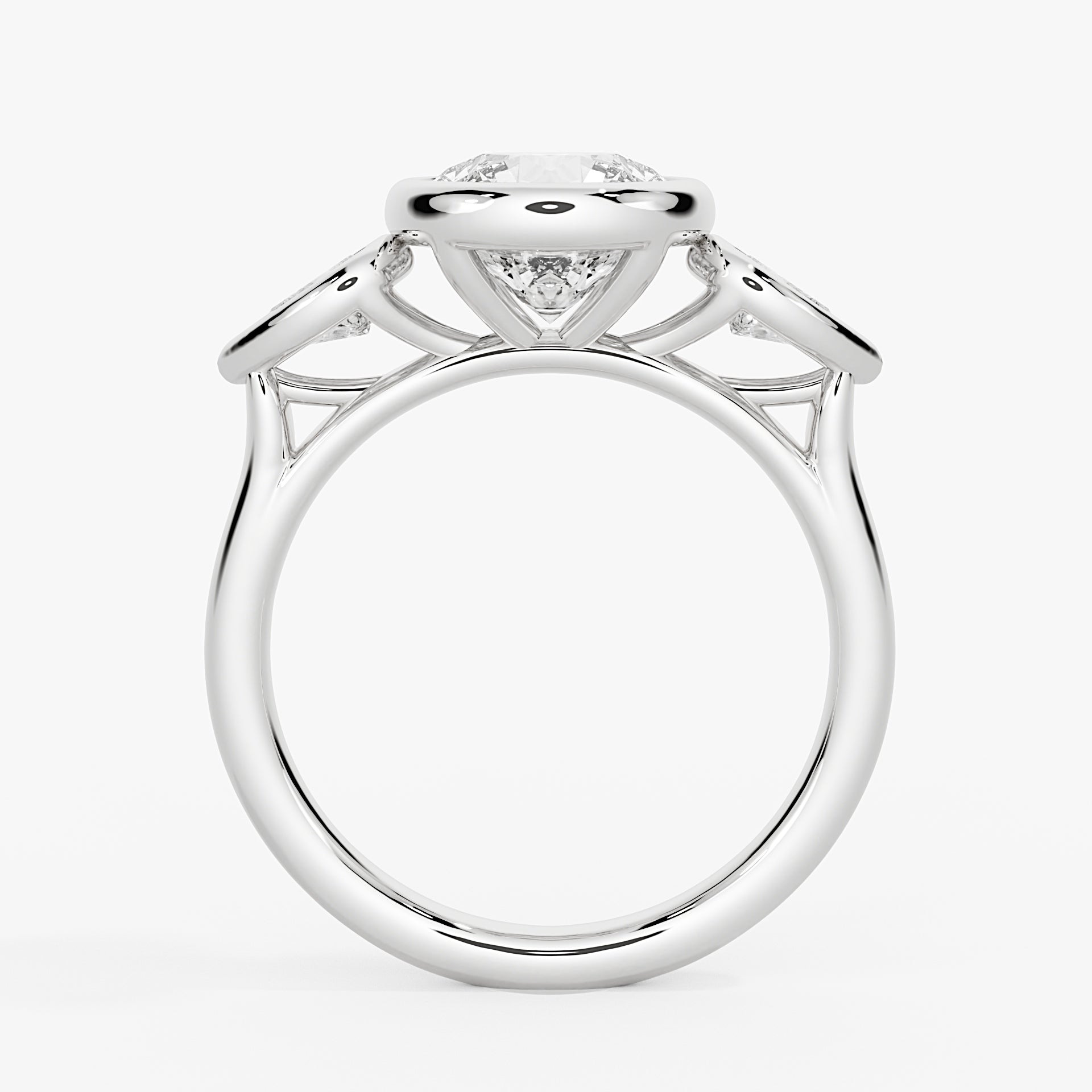 Round Cut Bezel Three Stone Engagement Ring with Pear Side Stones - Jade