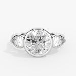 Round Cut Bezel Three Stone Engagement Ring with Pear Side Stones - Jade