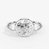 Round Cut Bezel Three Stone Engagement Ring with Pear Side Stones - Jade