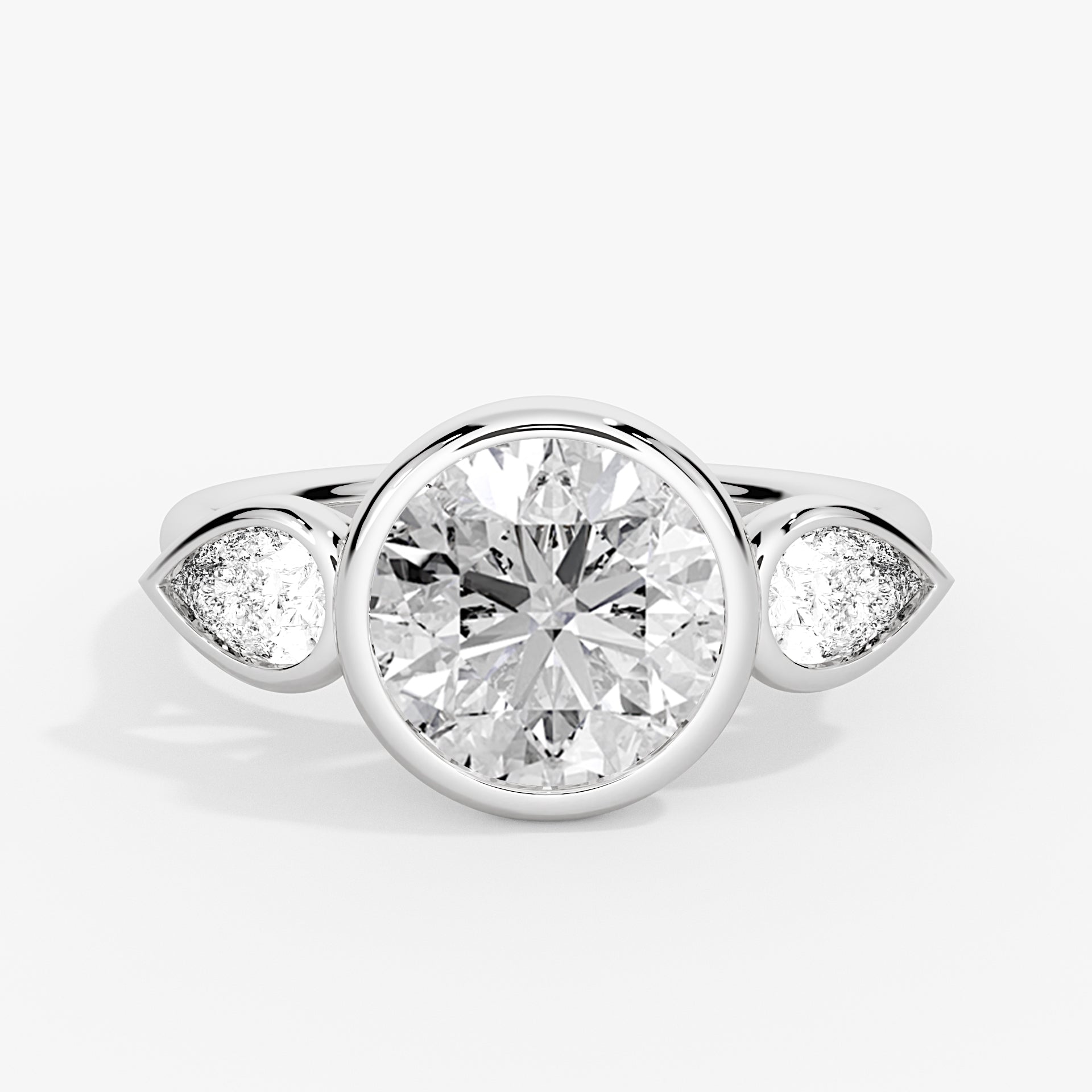 Round Cut Bezel Three Stone Engagement Ring with Pear Side Stones - Jade