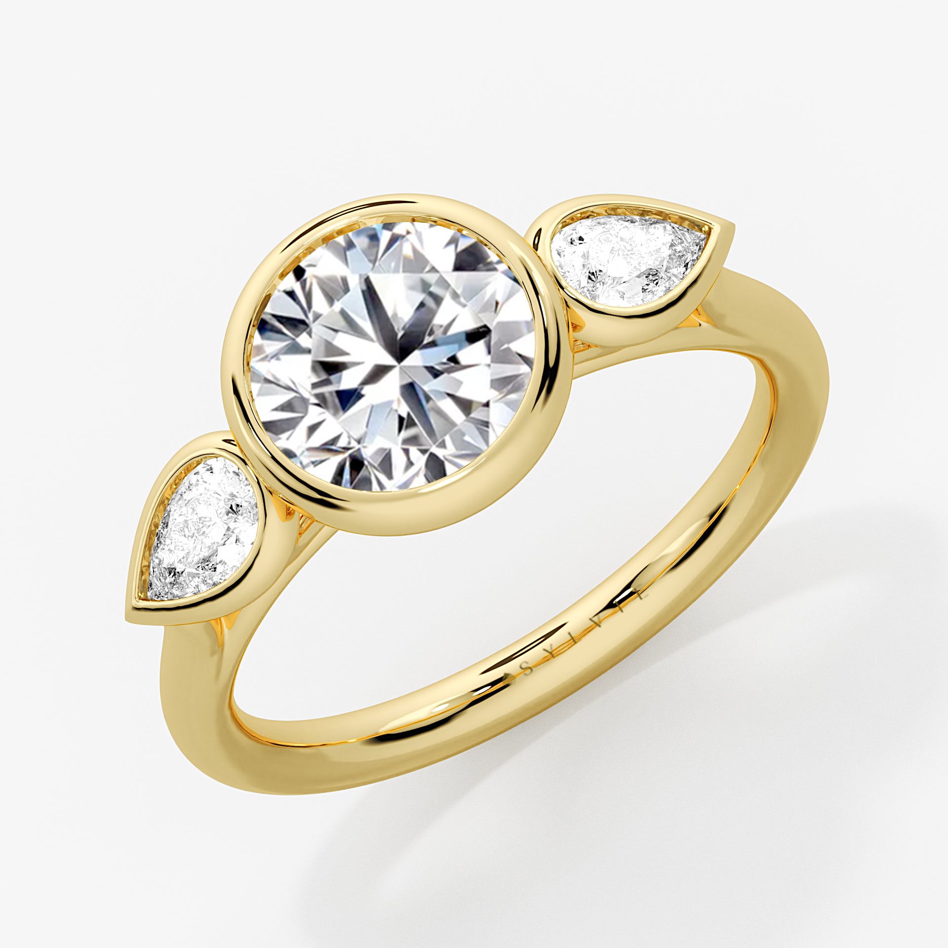 Round Cut Bezel Three Stone Engagement Ring with Pear Side Stones - Jade