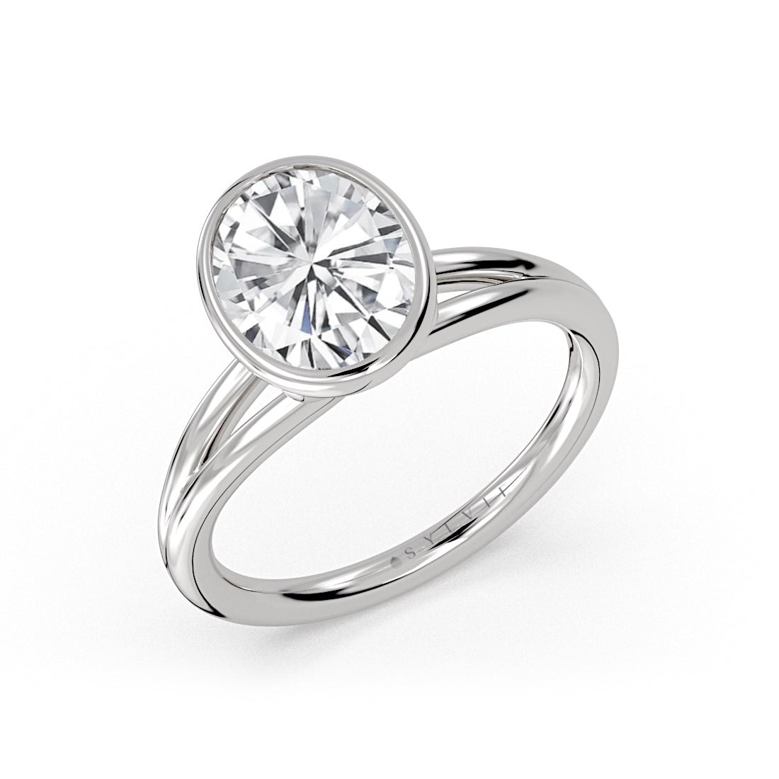 Oval Cut Bezel Solitaire Split Shank Engagement Ring - Pepper