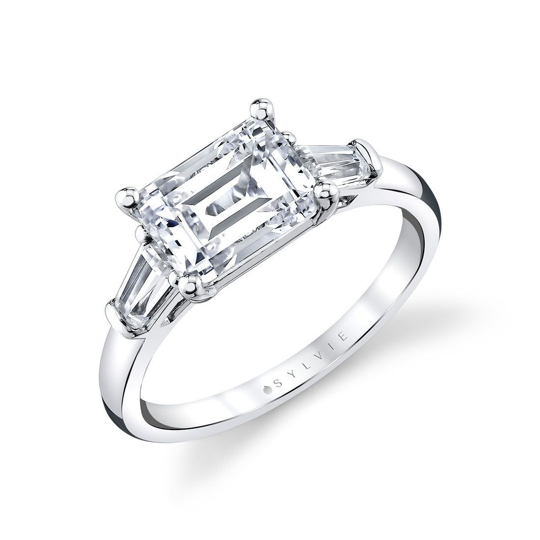 East West Emerald Cut Three Stone Engagement Ring With Baguettes - Nicola
