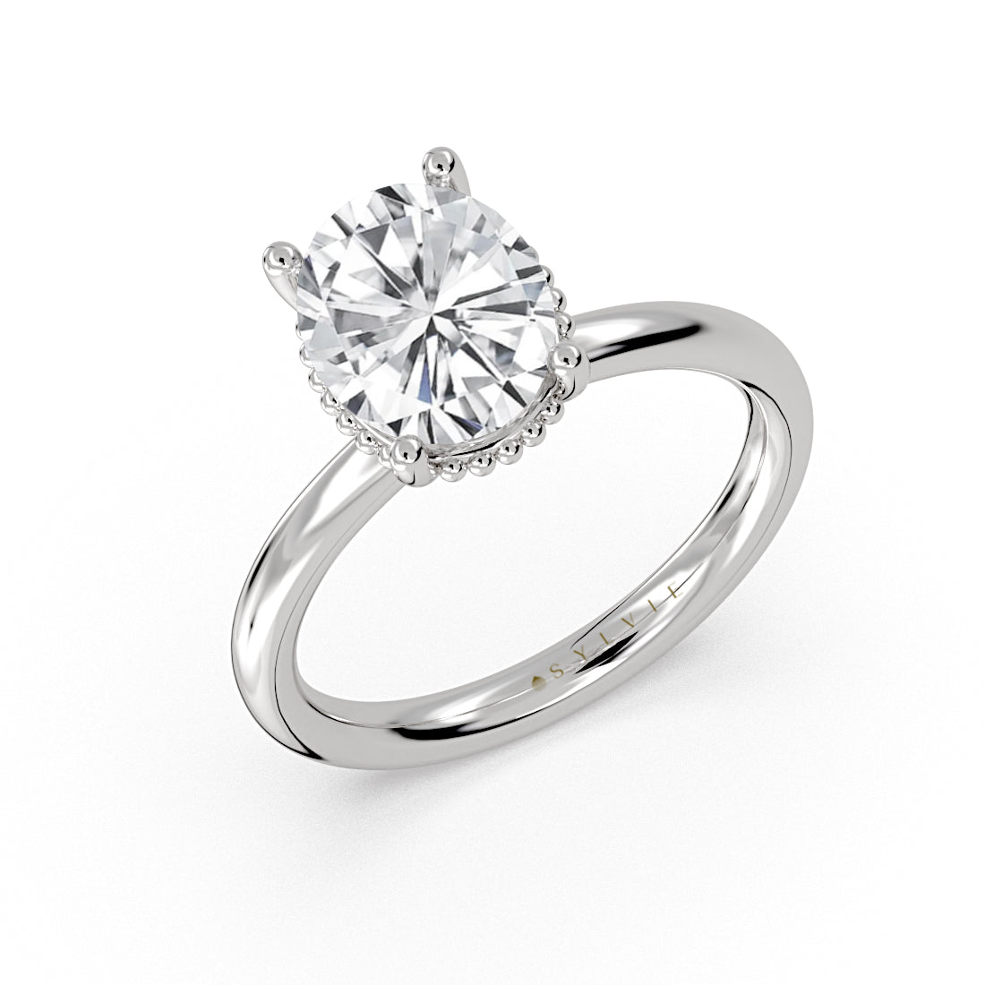 Oval Cut Solitaire Bead Hidden Halo Engagement Ring - Marlowe