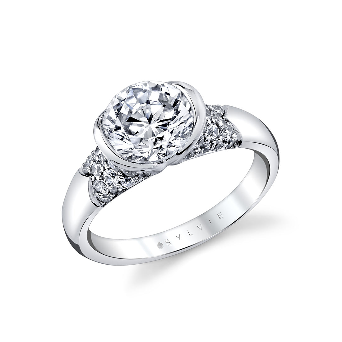 Shell Auranova Half Bezel Pave Engagement Ring with Shell Tip Silhouettes - Faelina