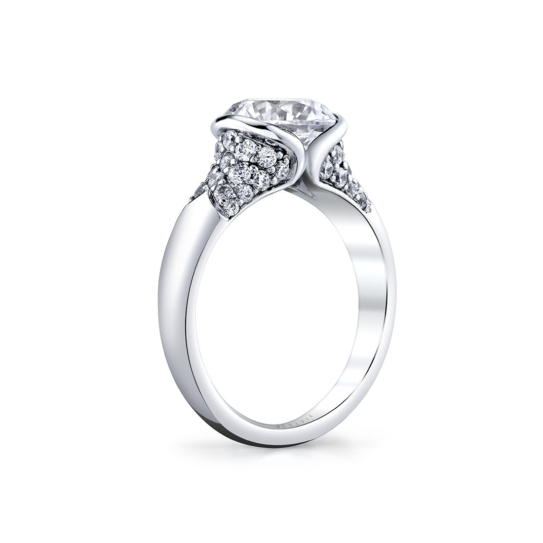 Shell Auranova Half Bezel Pave Engagement Ring with Shell Tip Silhouettes - Faelina