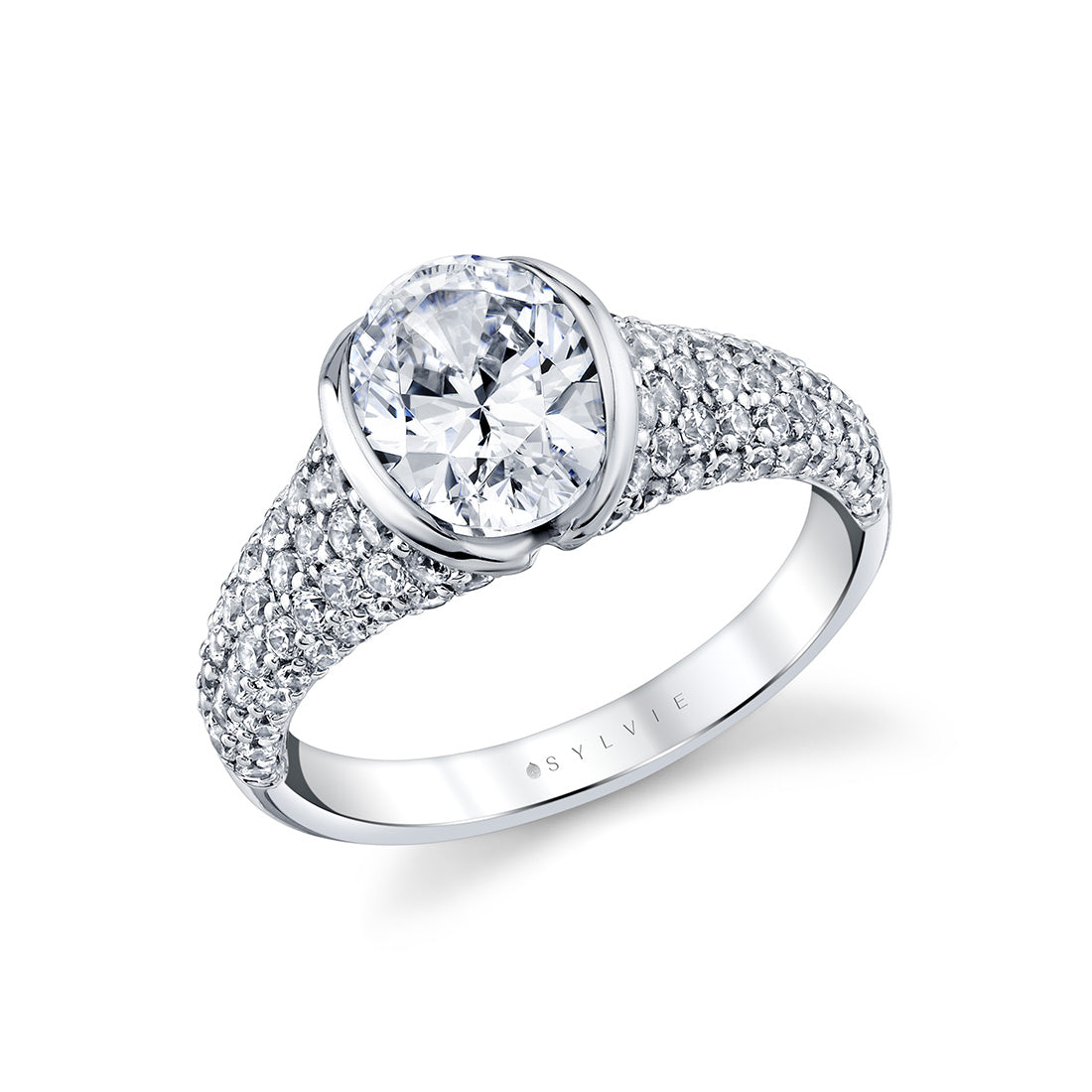Shell Auranova Half Bezel Pave Engagement Ring with Shell Tip Silhouettes - Nyx