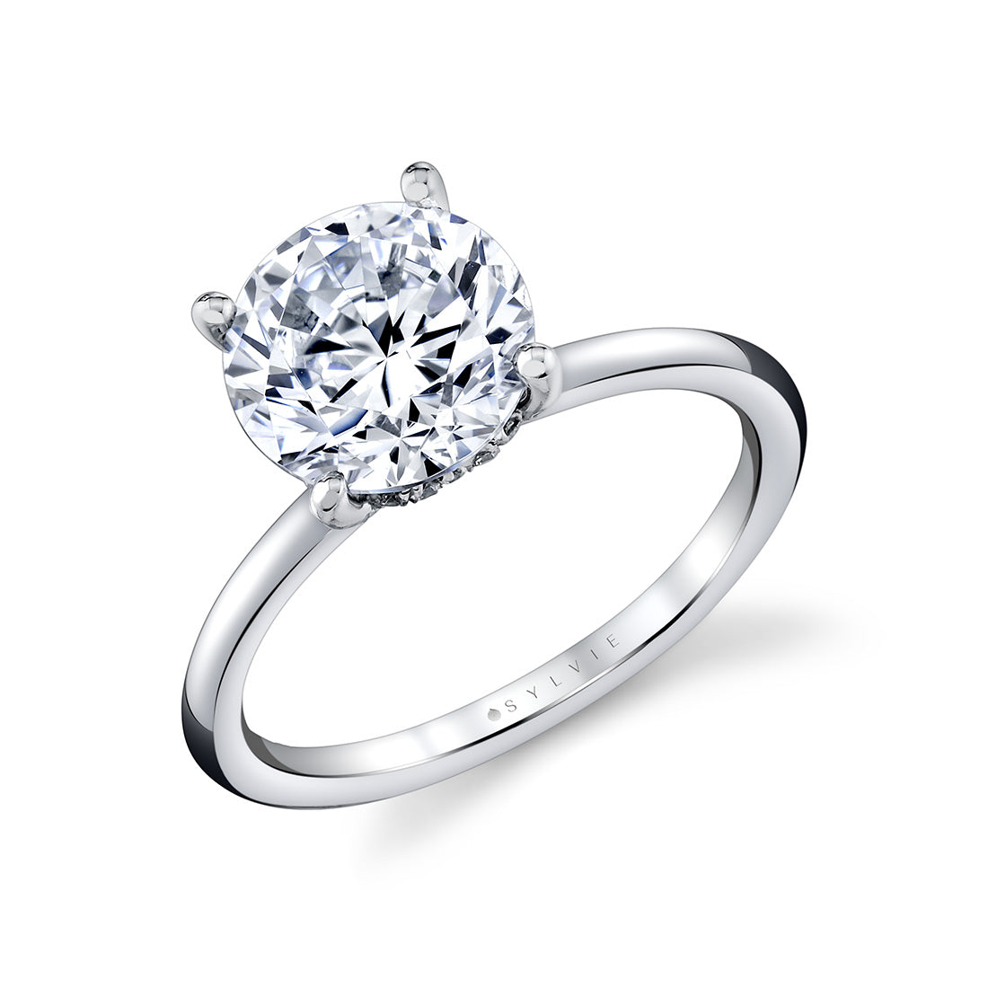 Round Cut Solitaire Shell Tip Hidden Halo Engagement Ring - Elia