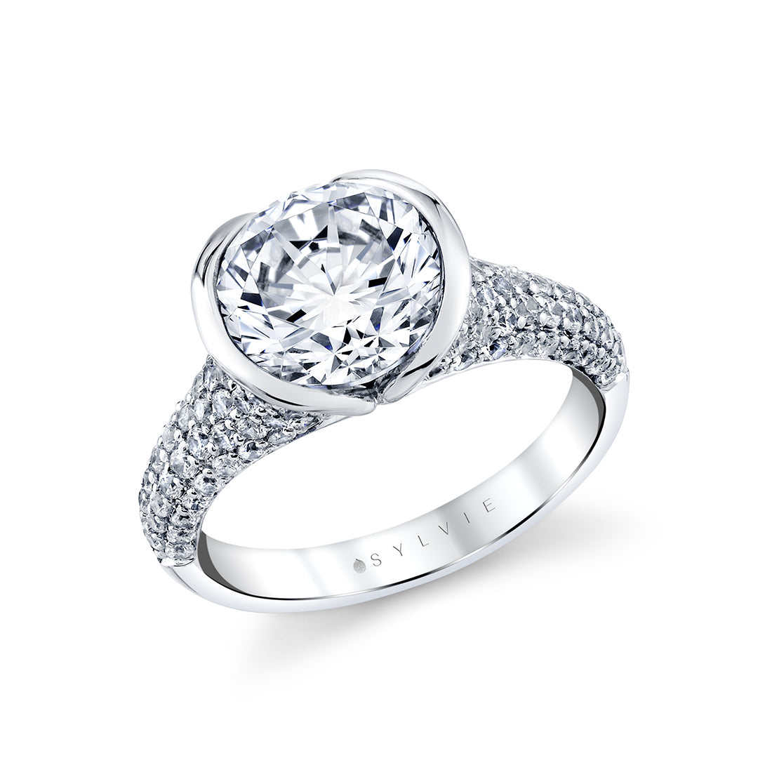Shell Auranova Half Bezel Pave Engagement Ring with Shell Tip Silhouettes - Gwyneth