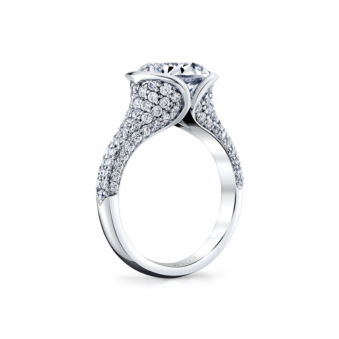 Shell Auranova Half Bezel Pave Engagement Ring with Shell Tip Silhouettes - Gwyneth