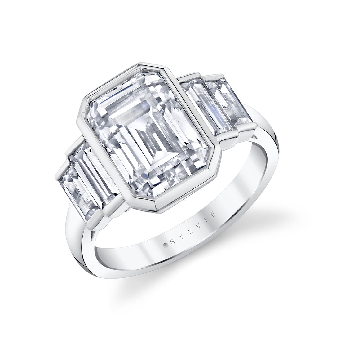 Emerald Cut Bezel Baguette Engagement Ring - Sylvie