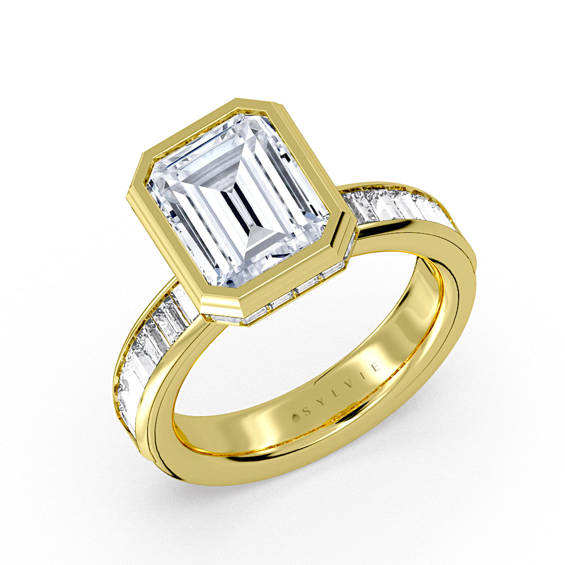 Encore Emerald Cut Bezel Engagement Ring with Channel Set Baguettes - Simone