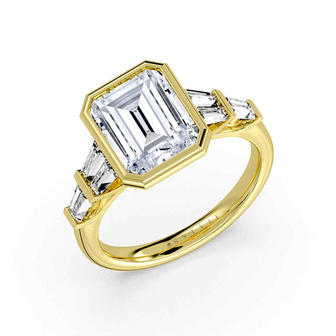 Emerald Cut Bezel Engagement Ring with Bar Set East to West Baguettes - Briella