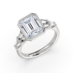 Emerald Cut Bezel Engagement Ring with Bar Set East to West Baguettes - Briella